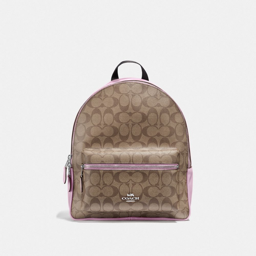 COACH MEDIUM CHARLIE BACKPACK IN SIGNATURE CANVAS - KHAKI/LILAC/SILVER - F32200