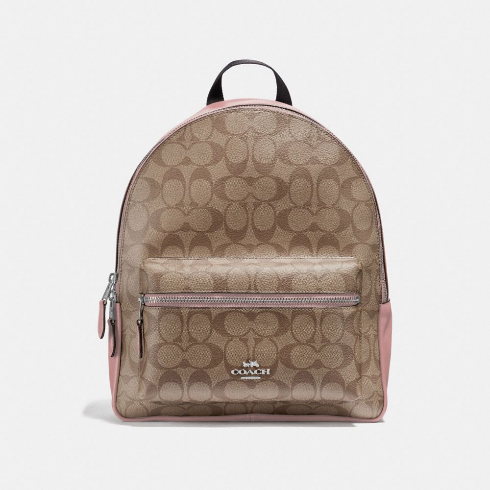 COACH MEDIUM CHARLIE BACKPACK IN SIGNATURE CANVAS - KHAKI/PETAL/SILVER - F32200