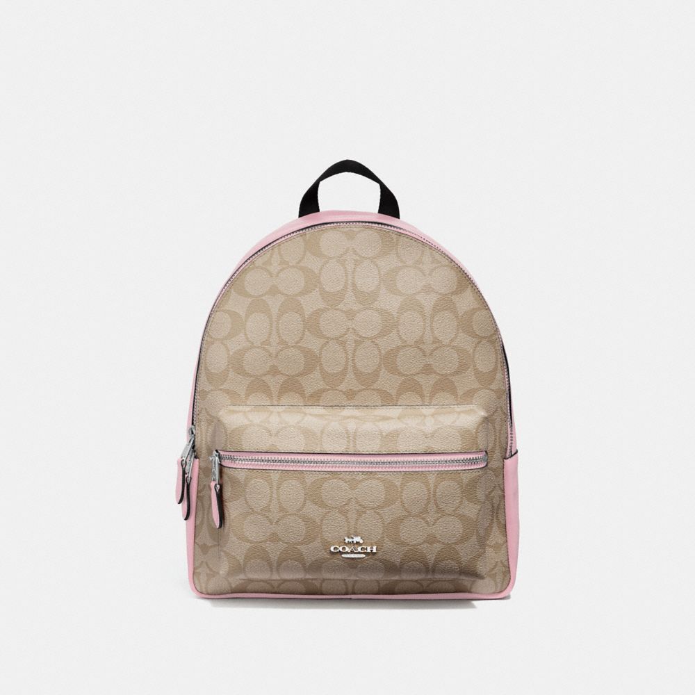 MEDIUM CHARLIE BACKPACK IN SIGNATURE CANVAS - LIGHT KHAKI/CARNATION/SILVER - COACH F32200