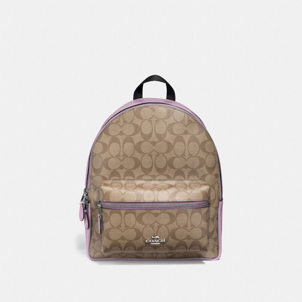 COACH MEDIUM CHARLIE BACKPACK IN SIGNATURE CANVAS - KHAKI/JASMINE/SILVER - F32200