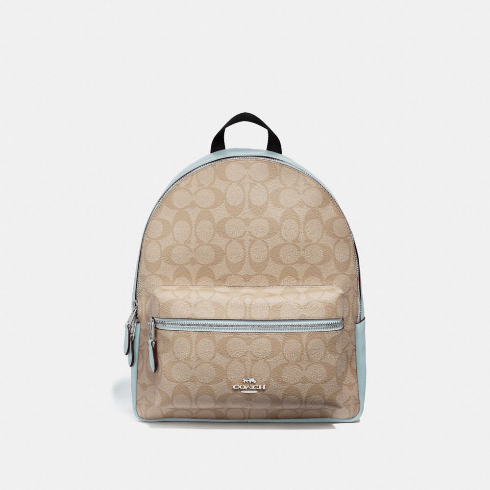 MEDIUM CHARLIE BACKPACK IN SIGNATURE CANVAS - F32200 - LIGHT KHAKI/SEAFOAM/SILVER