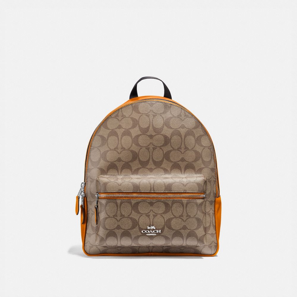 MEDIUM CHARLIE BACKPACK IN SIGNATURE CANVAS - KHAKI/DARK ORANGE/SILVER - COACH F32200