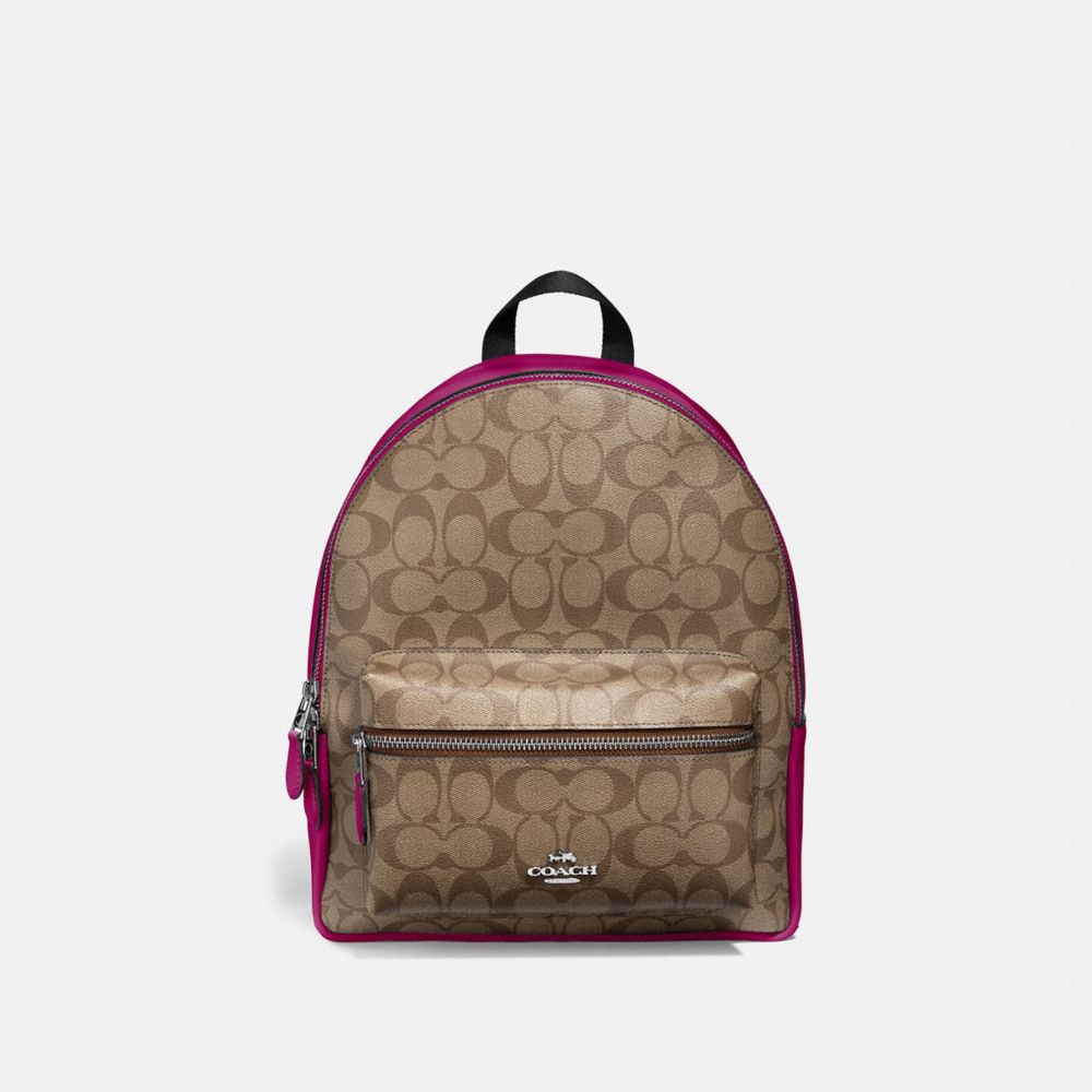 MEDIUM CHARLIE BACKPACK IN SIGNATURE CANVAS - F32200 - SV/KHAKI DARK FUCHSIA