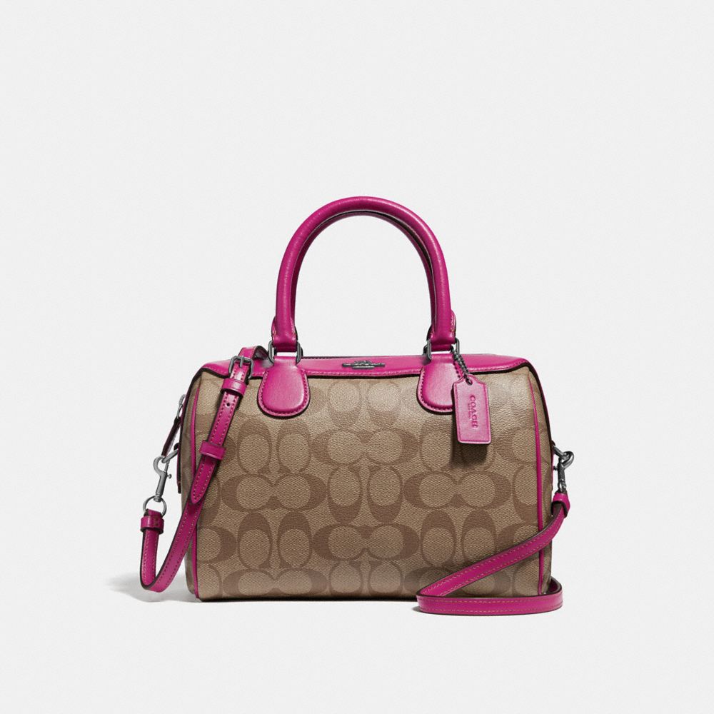 MINI BENNETT SATCHEL IN SIGNATURE CANVAS - F32203 - KHAKI/CERISE/SILVER