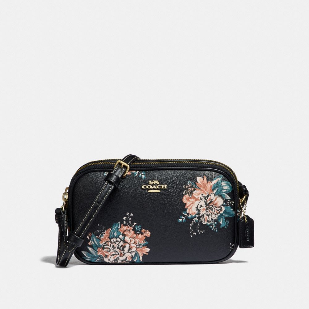 CROSSBODY POUCH WITH TOSSED BOUQUET PRINT - F32318 - BLACK MULTI/LIGHT GOLD