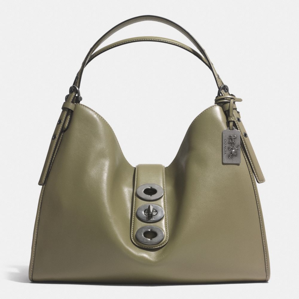 COACH MADISON TRIPLE TURNLOCK CARLYLE SHOULDER BAG IN LEATHER - BLACK ANTIQUE NICKEL/OLIVE GREY - F32325