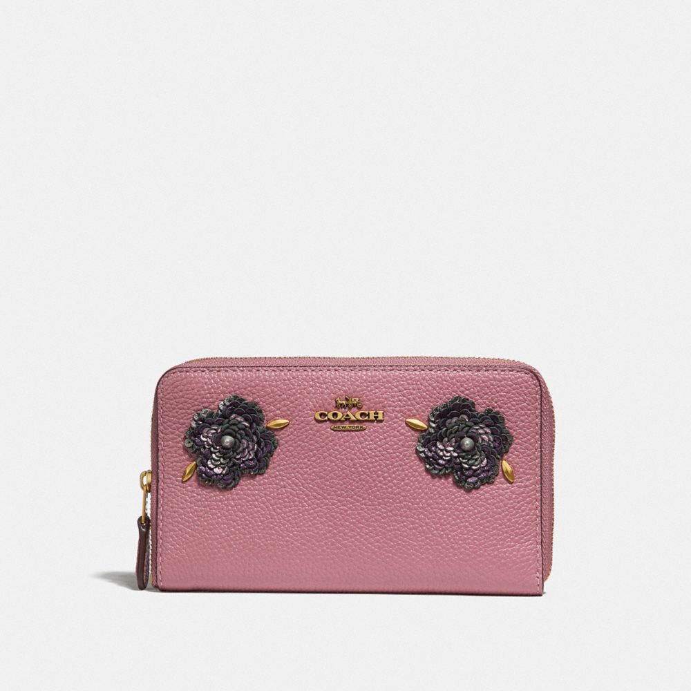 COACH MEDIUM ZIP AROUND WALLET WITH LEATHER SEQUIN APPLIQUE - ROSE/BRASS - F32434