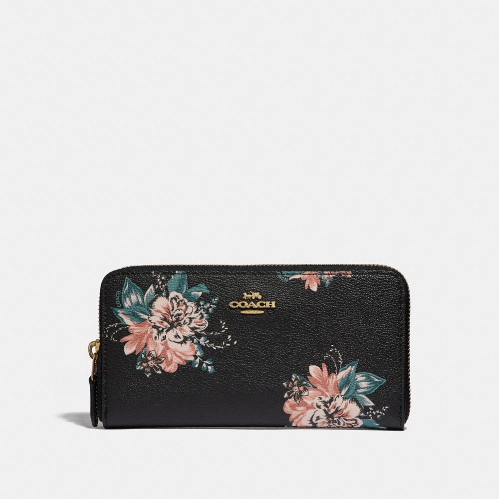 COACH F32435 - ACCORDION ZIP WALLET WITH TOSSED BOUQUET PRINT BLACK MULTI/LIGHT GOLD