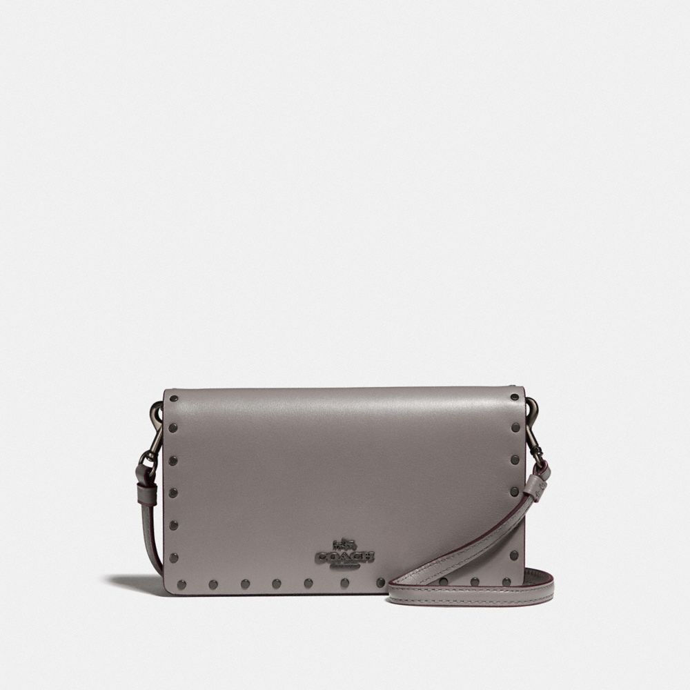 COACH F32444 SLIM PHONE CROSSBODY WITH RIVETS HEATHER GREY/BLACK COPPER