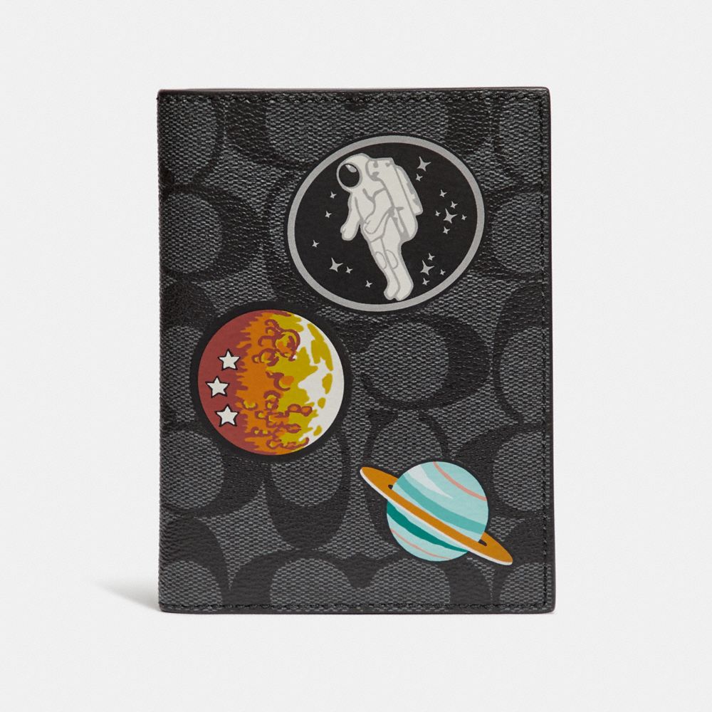 COACH f32460 PASSPORT CASE IN SIGNATURE CANVAS WITH SPACE PATCHES CHARCOAL/BLACK