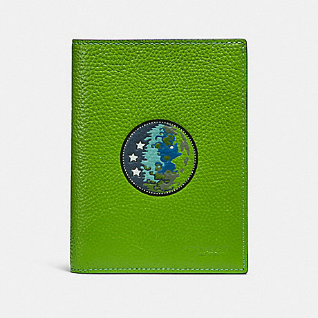 COACH f32465 PASSPORT CASE WITH SPACE PATCHES NEON GREEN