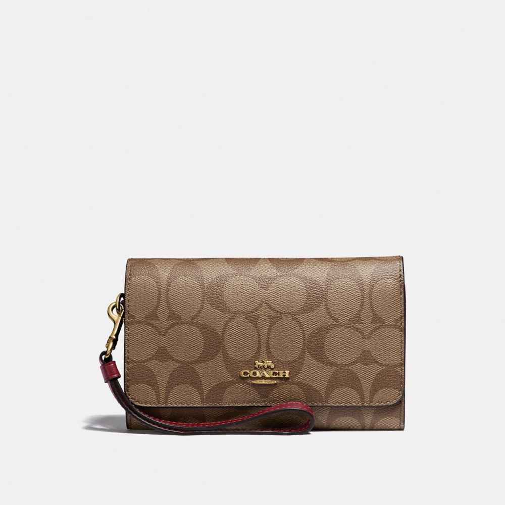 FLAP PHONE WALLET IN SIGNATURE CANVAS - KHAKI/CHERRY/LIGHT GOLD - COACH F32484