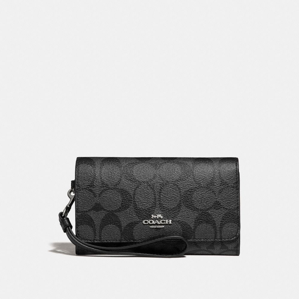 COACH F32484 FLAP PHONE WALLET IN SIGNATURE CANVAS BLACK-SMOKE/BLACK/SILVER