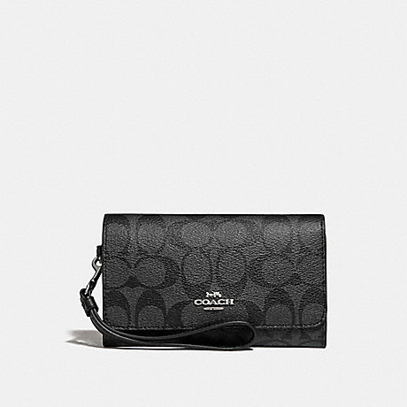 COACH f32484 FLAP PHONE WALLET IN SIGNATURE CANVAS BLACK SMOKE/BLACK/SILVER