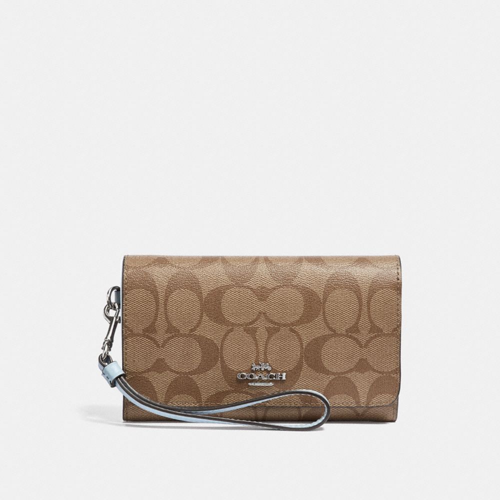 FLAP PHONE WALLET IN SIGNATURE CANVAS - f32484 - khaki/pale blue/silver