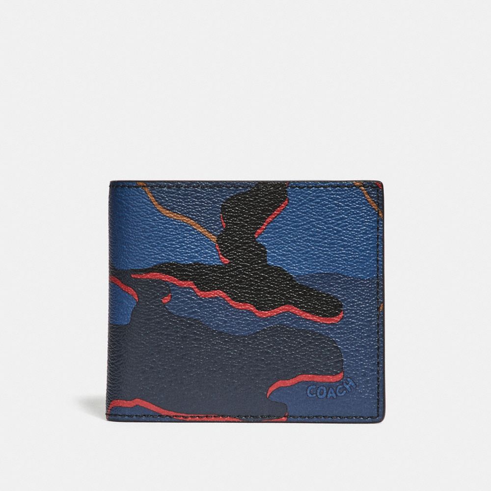 COACH DOUBLE BILLFOLD WALLET WITH CAMO PRINT - BLUE MULTI/BLACK ANTIQUE NICKEL - F32614