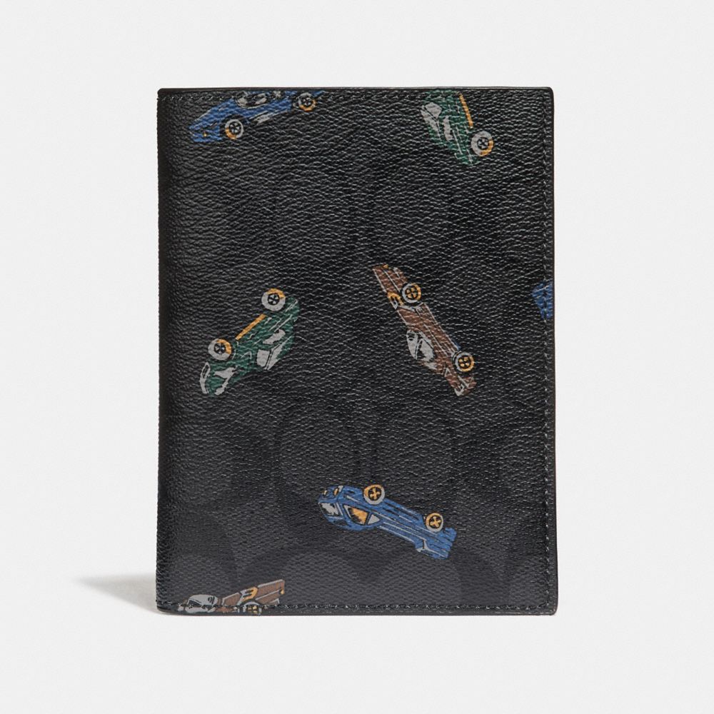 COACH F32627 PASSPORT CASE IN SIGNATURE CANVAS WITH CAR PRINT ANTIQUE-NICKEL/BLACK-MULTI