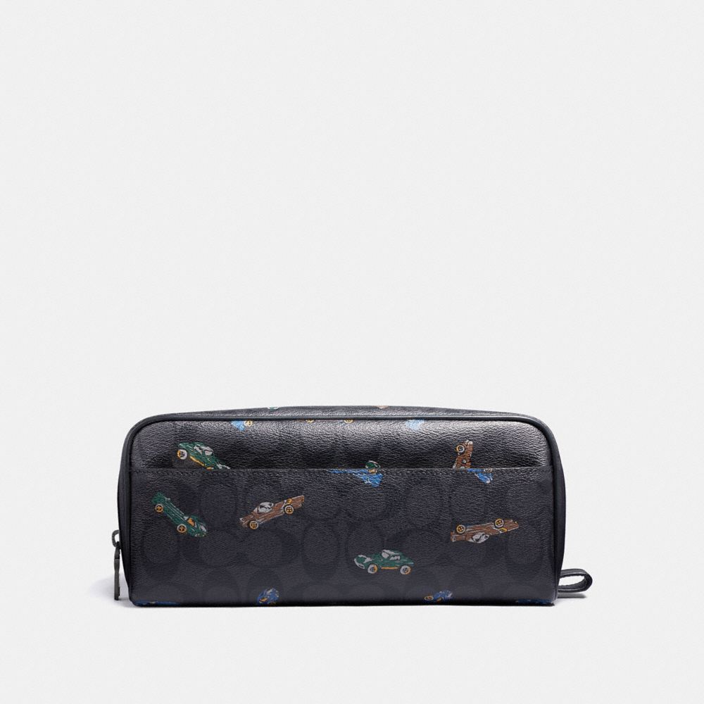 DOUBLE ZIP DOPP KIT IN SIGNATURE CANVAS WITH CAR PRINT - ANTIQUE NICKEL/BLACK MULTI - COACH F32629