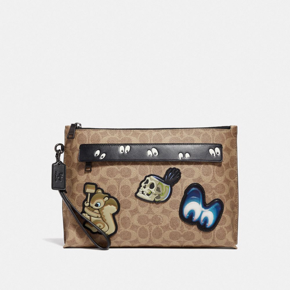 DISNEY X COACH CARRYALL POUCH WITH SIGNATURE PATCHWORK - F32642 - KHAKI