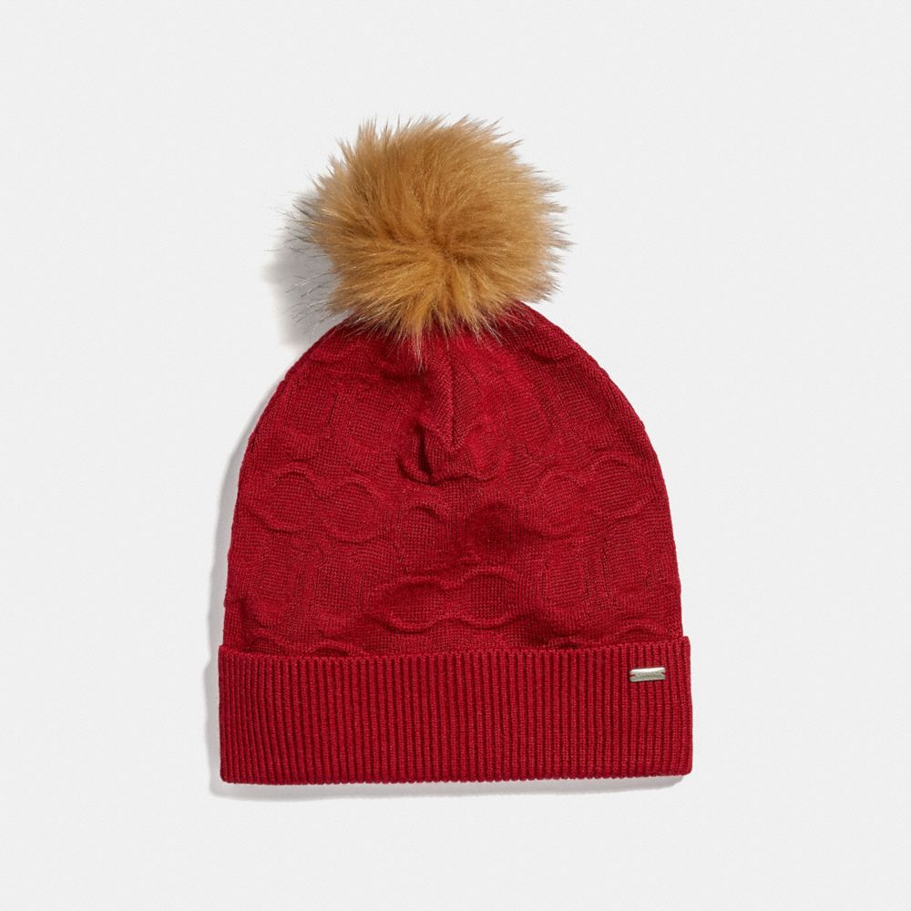 EMBOSSED SIGNATURE KNIT HAT - BRIGHT RED - COACH F32713