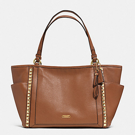COACH F32897 PARK LEATHER PYRAMID STUD CARRIE TOTE BRASS/SADDLE