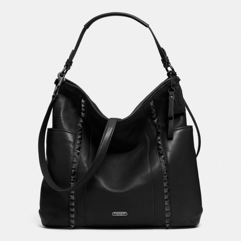 COACH f32898 PARK LEATHER PYRAMID STUD HOBO GUNMETAL/BLACK