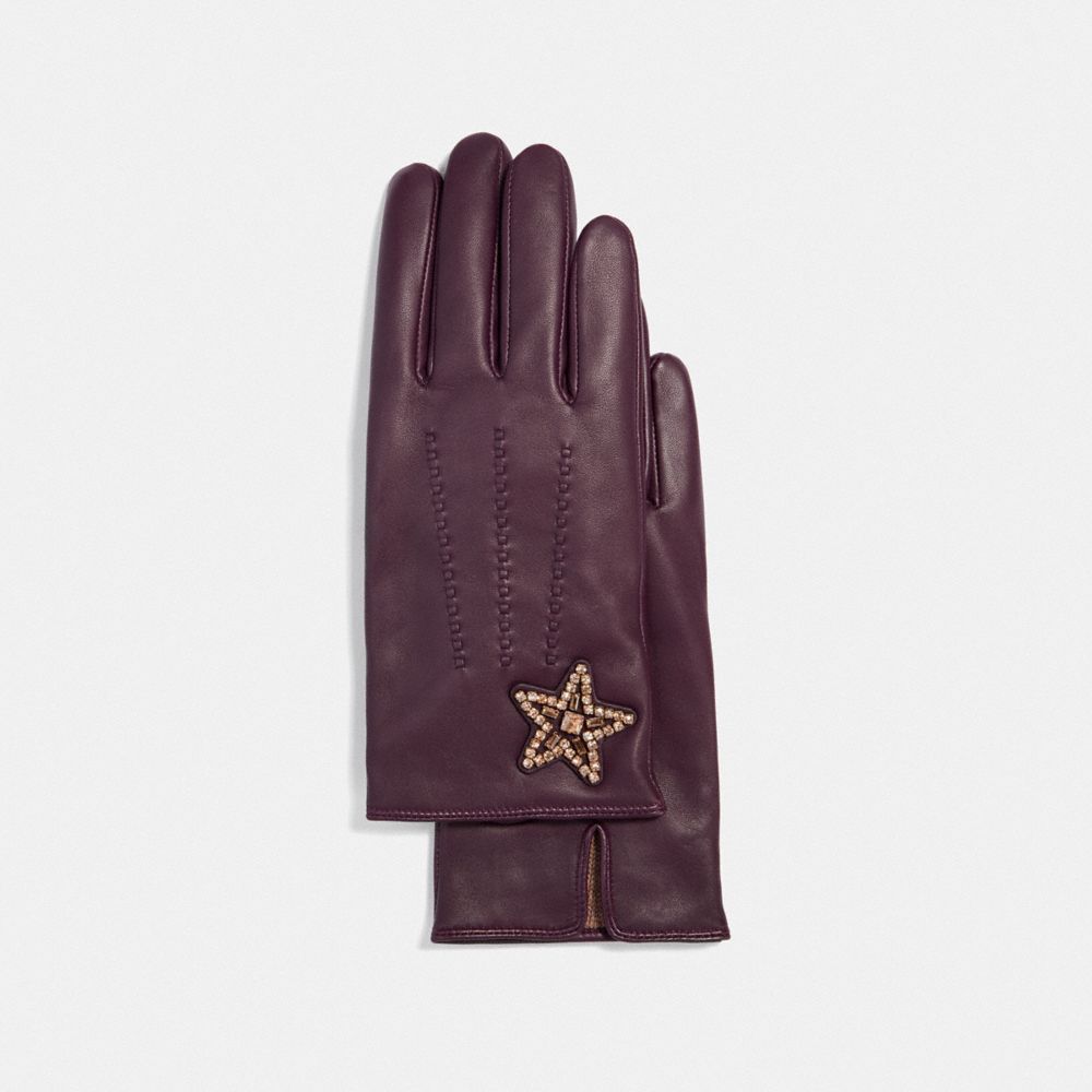 EMBELLISHED STAR LEATHER GLOVES - PLUM - COACH F32975