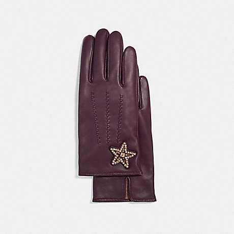 COACH EMBELLISHED STAR LEATHER GLOVES - PLUM - F32975
