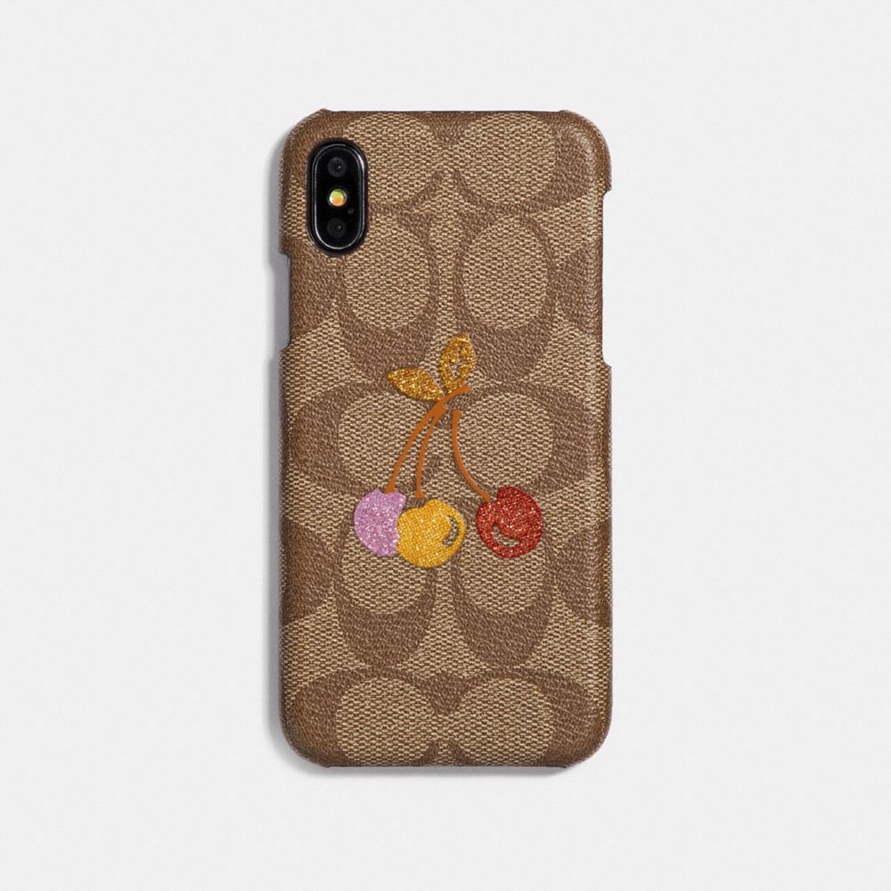 COACH IPHONE X CASE IN SIGNATURE CANVAS WITH CHERRY - KHAKI MULTI - F33037