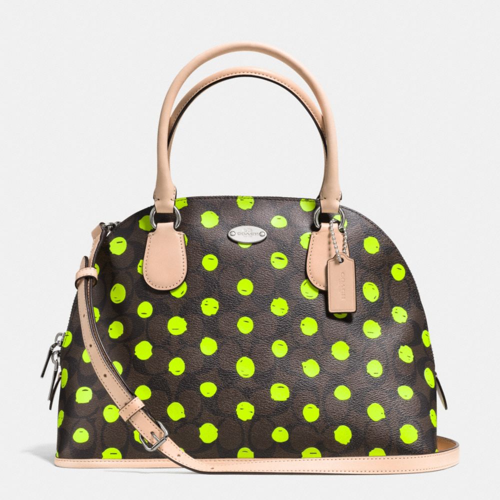 CORA DOMED SATCHEL IN DOT PRINT CROSSGRAIN LEATHER - f33260 - SILVER/BROWN/NEON YELLOW