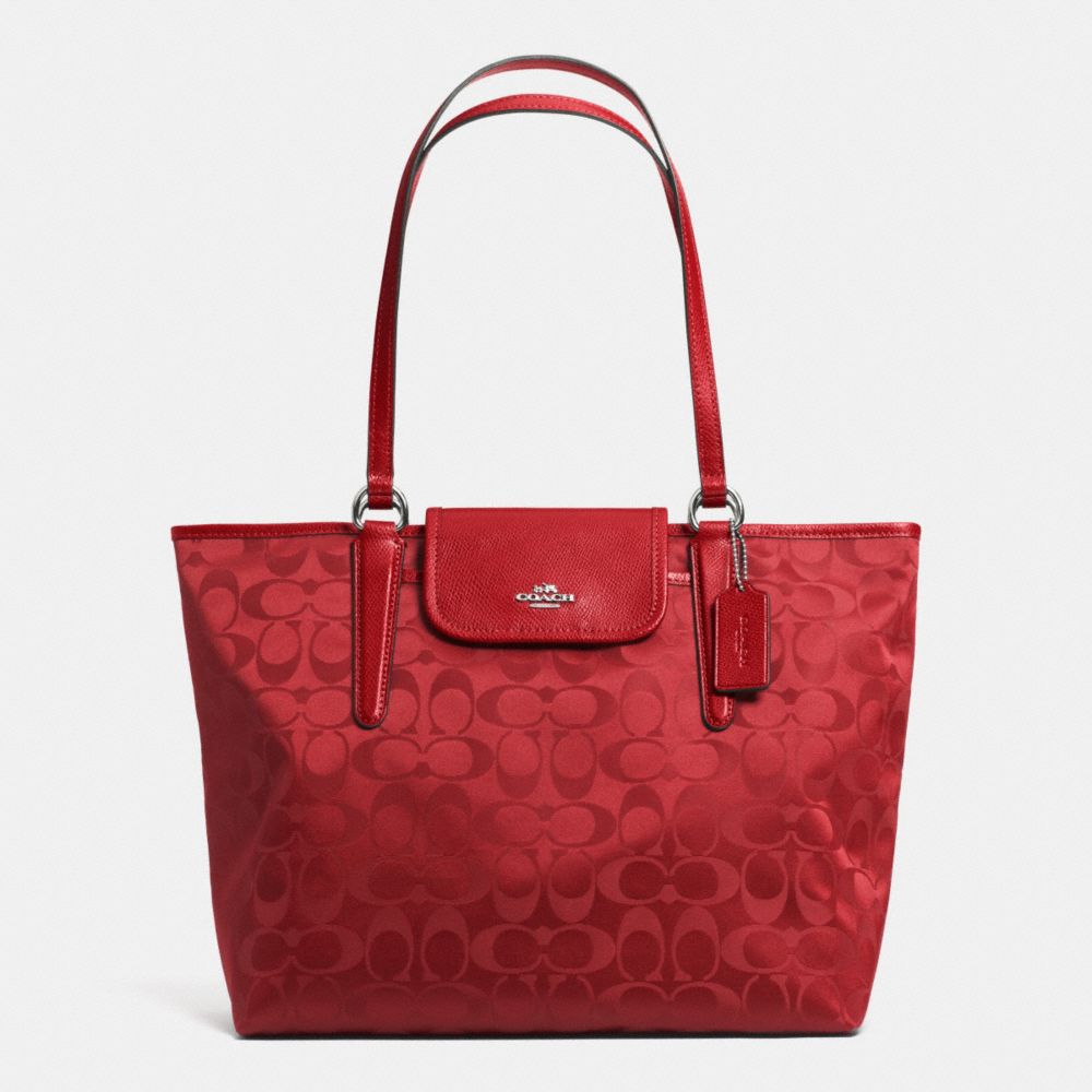 COACH WARD TOTE IN SIGNATURE NYLON -  SILVER/RED CURRANT - f33475