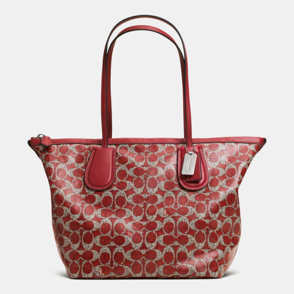 COACH TAXI ZIP TOP TOTE IN SIGNATURE - f33504 -  SILVER/RED