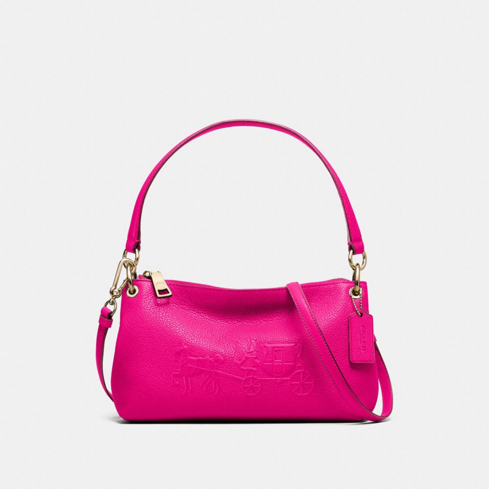 COACH F33521 EMBOSSED HORSE AND CARRIAGE CHARLEY CROSSBODY IN PEBBLE LEATHER -LIGHT-GOLD/PINK-RUBY