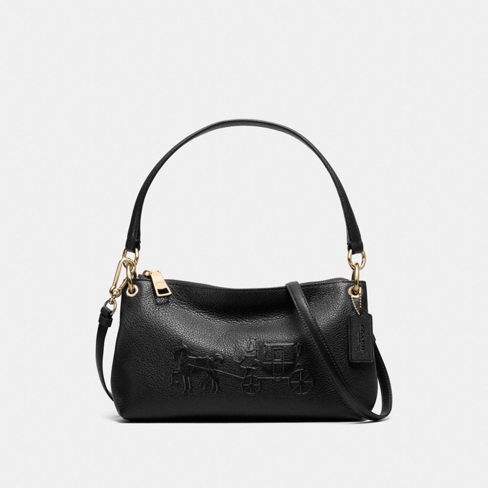 EMBOSSED HORSE AND CARRIAGE CHARLEY CROSSBODY IN PEBBLE LEATHER - f33521 - LIGHT GOLD/BLACK