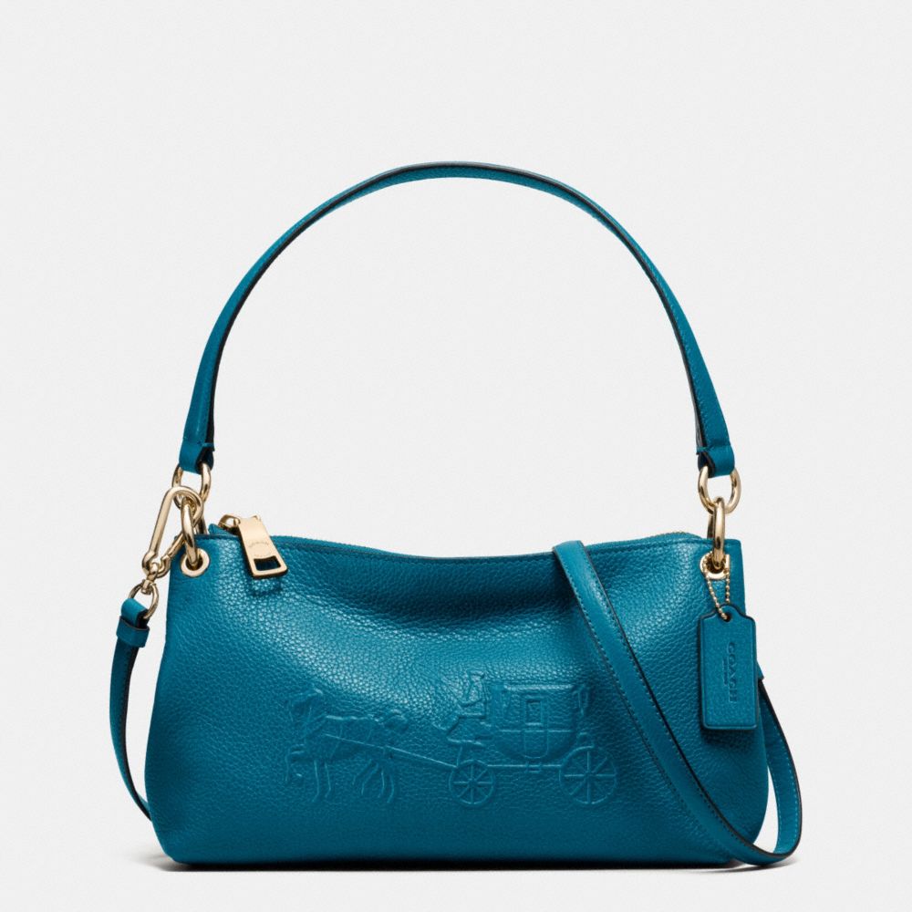 COACH F33521 EMBOSSED HORSE AND CARRIAGE CHARLEY CROSSBODY IN PEBBLE LEATHER -LIGHT-GOLD/TEAL