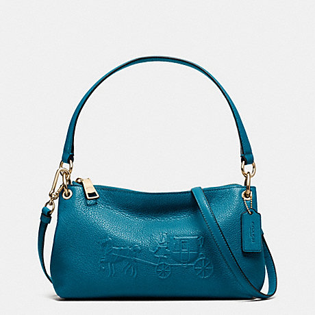 COACH F33521 EMBOSSED HORSE AND CARRIAGE CHARLEY CROSSBODY IN PEBBLE LEATHER -LIGHT-GOLD/TEAL