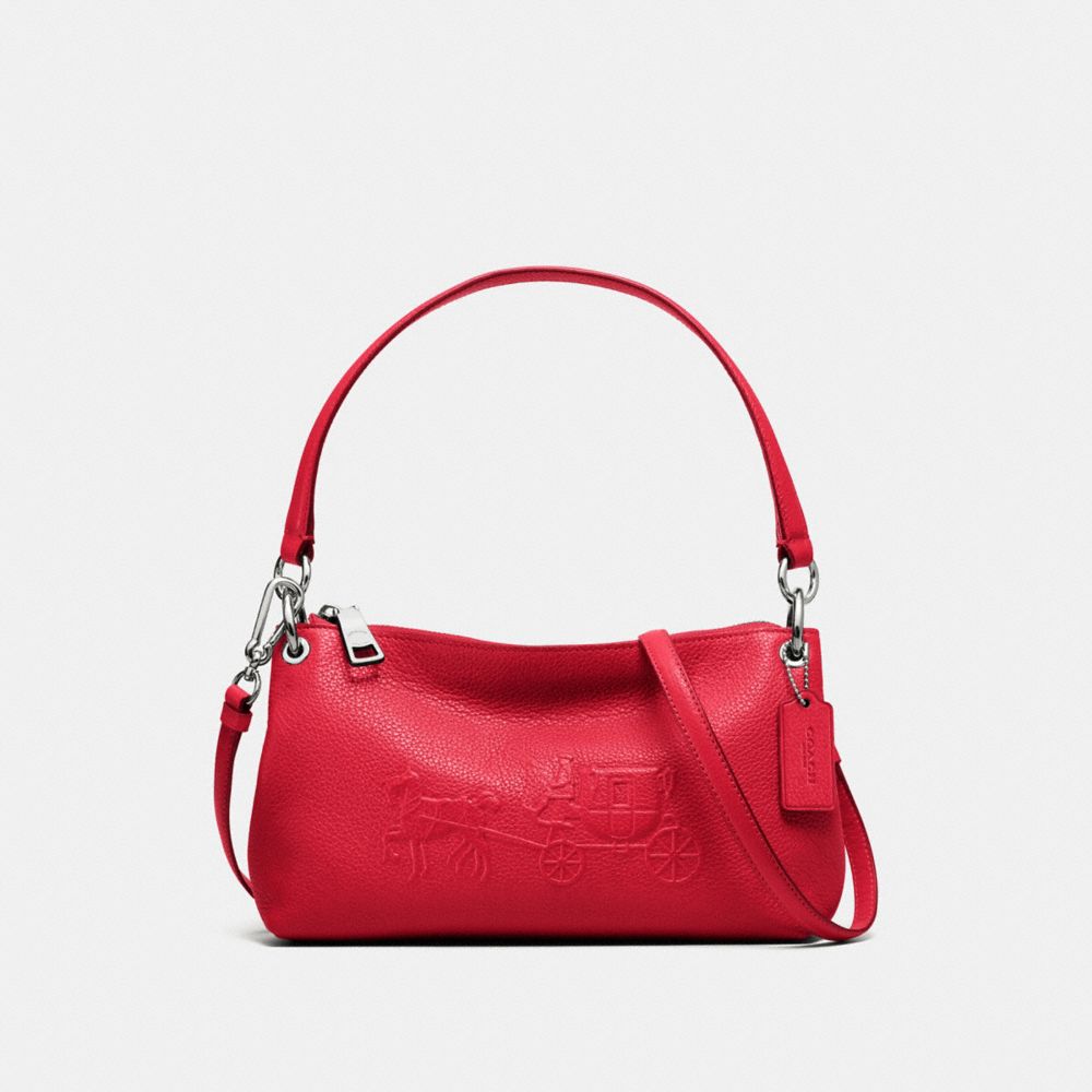 EMBOSSED HORSE AND CARRIAGE CHARLEY CROSSBODY IN PEBBLE LEATHER - f33521 - SILVER/TRUE RED