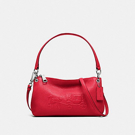 COACH F33521 EMBOSSED HORSE AND CARRIAGE CHARLEY CROSSBODY IN PEBBLE LEATHER SILVER/TRUE-RED