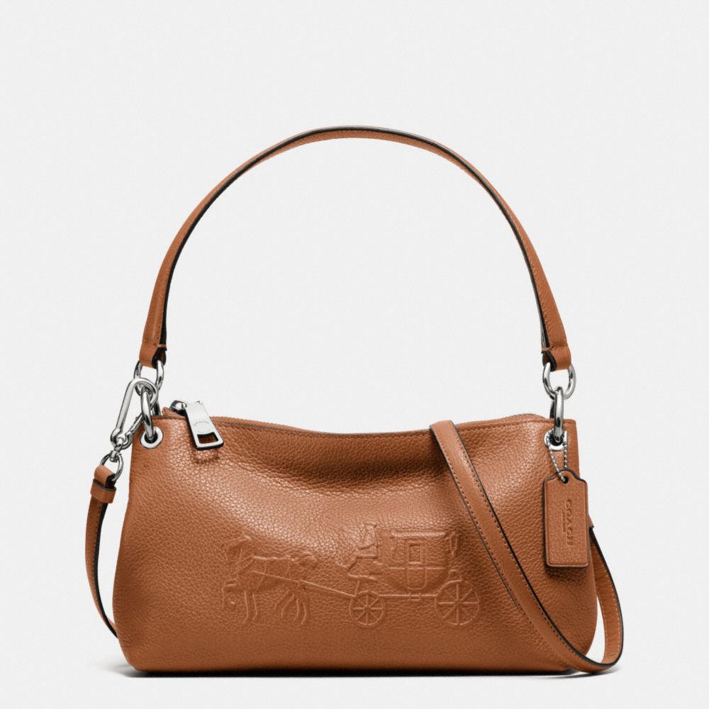 EMBOSSED HORSE AND CARRIAGE CHARLEY CROSSBODY IN PEBBLE LEATHER - f33521 - SILVER/SADDLE