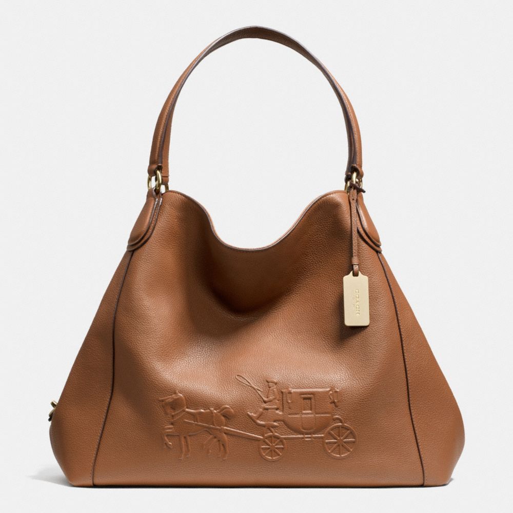 COACH EMBOSSED HORSE AND CARRIAGE LARGE EDIE SHOULDER BAG IN PEBBLE LEATHER - LIGHT GOLD/SADDLE - F33727