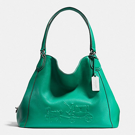 COACH f33728 EMBOSSED HORSE AND CARRIAGE EDIE SHOULDER BAG IN PEBBLE LEATHER  SILVER/JADE