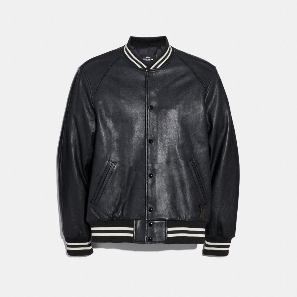 COACH F33784 Leather Varsity Jacket BLACK