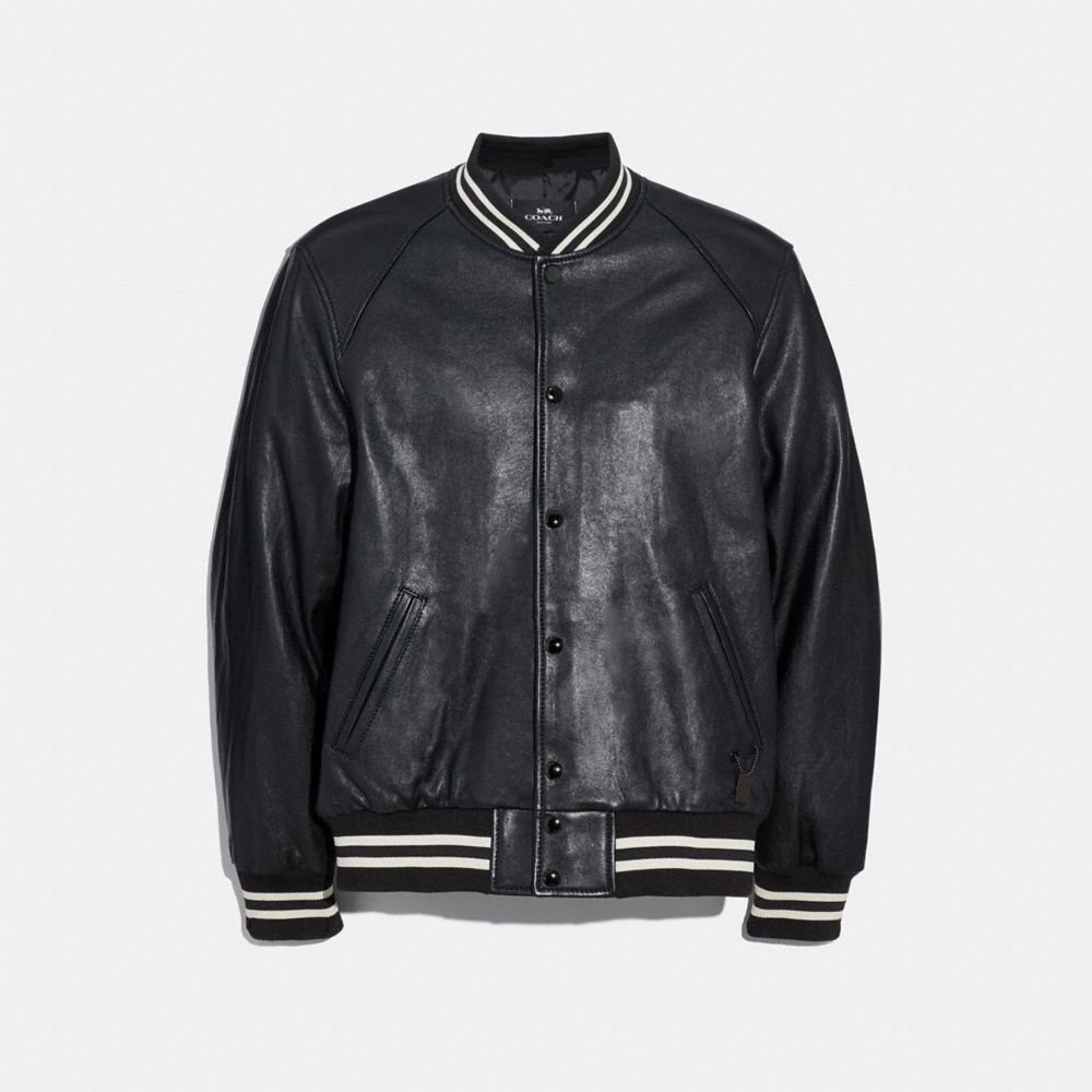 COACH LEATHER VARSITY JACKET - BLACK - F33784