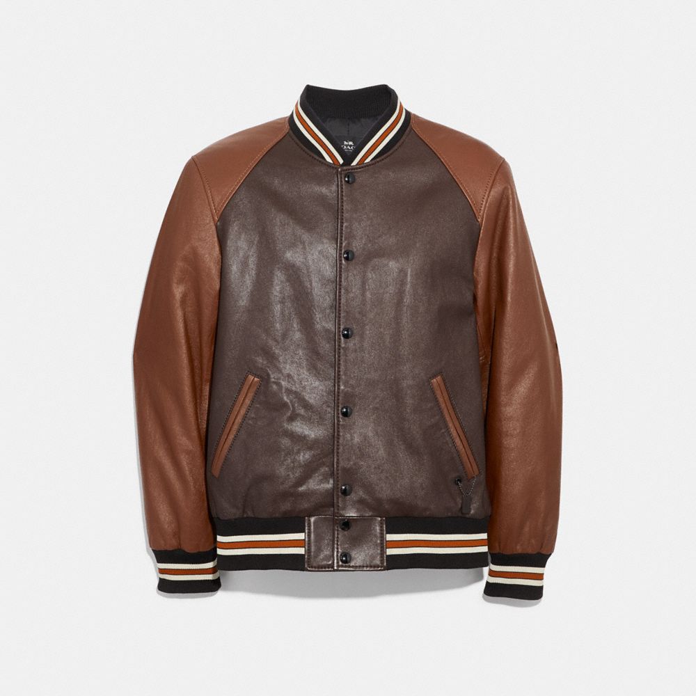 LEATHER VARSITY JACKET - f33784 - MAHOGANY/DARK FAWN