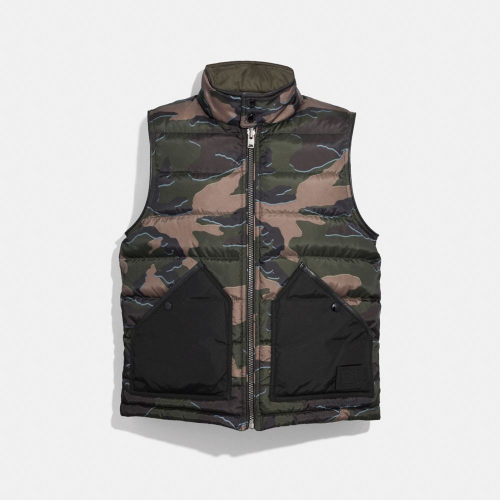 COACH REVERSIBLE DOWN VEST - GREEN CAMO OLIVE - F33788