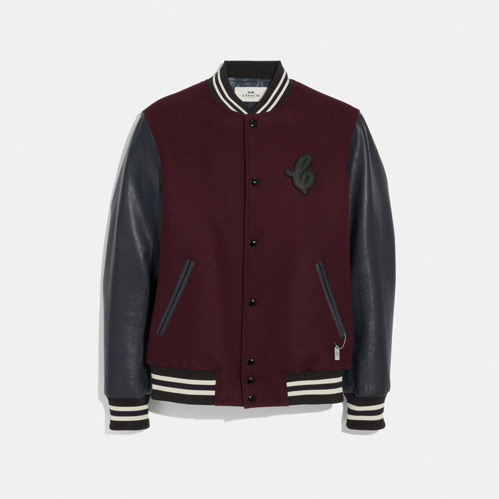 COACH F33820 LEATHER AND WOOL VARSITY JACKET BURGUNDY/NAVY