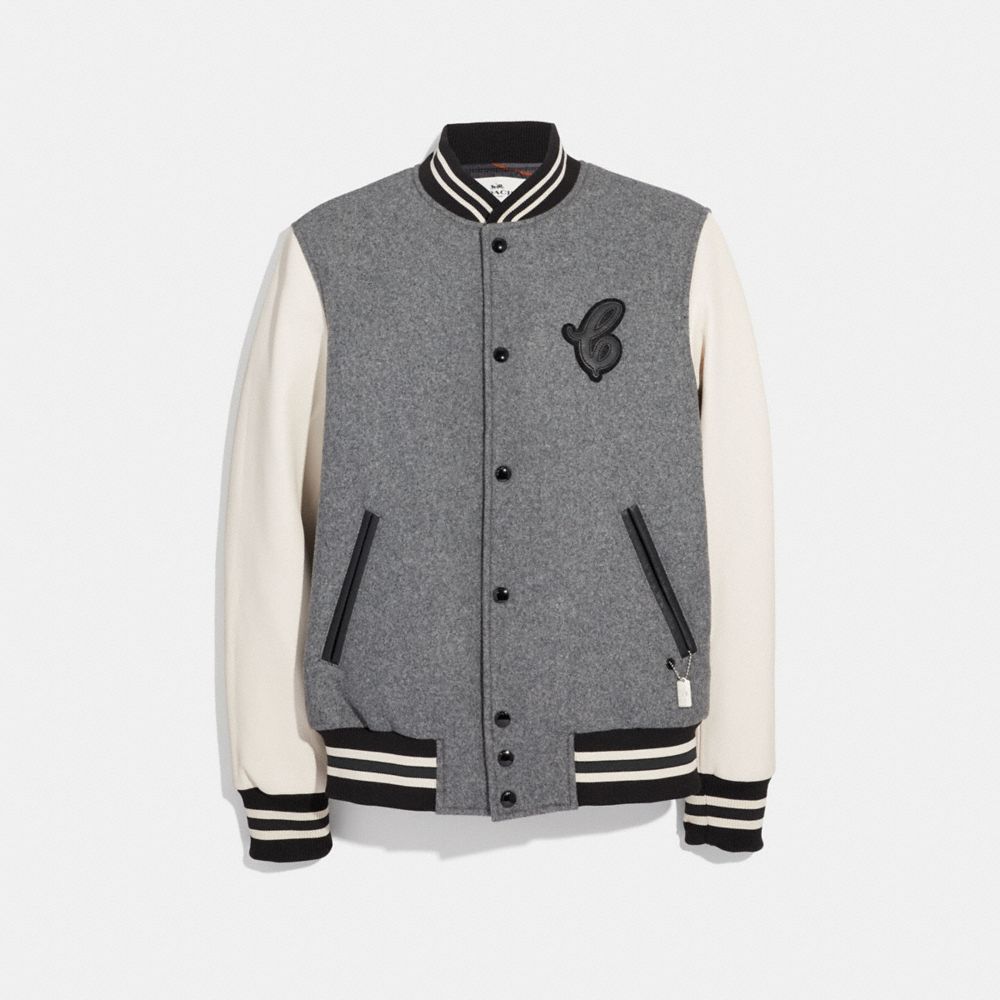 COACH LEATHER AND WOOL VARSITY JACKET - HEATHER GREY - F33820