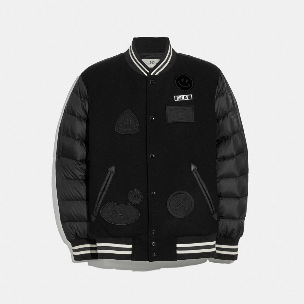 COACH F33824 DOWN VARSITY JACKET WITH PATCHES BLACK