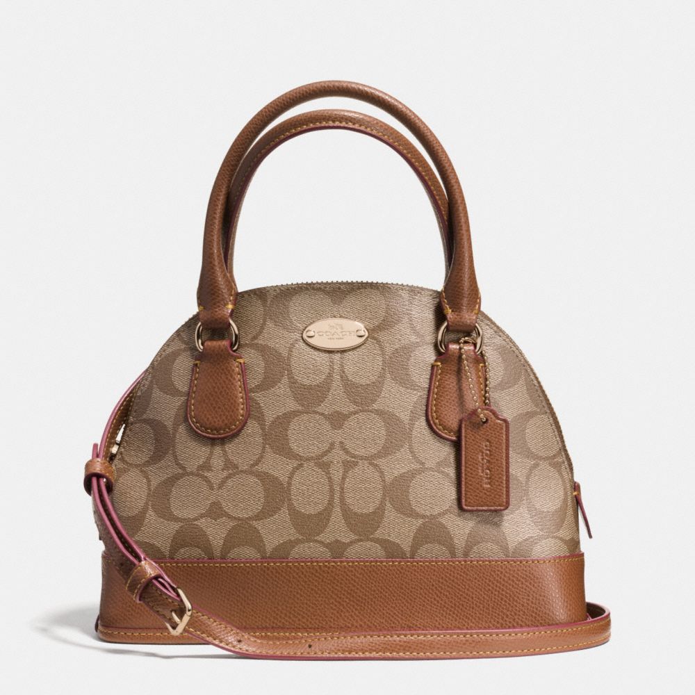 COACH MINI CORA DOMED SATCHEL IN SIGNATURE COATED CANVAS -  LIGHT GOLD/KHAKI/SADDLE - f34083