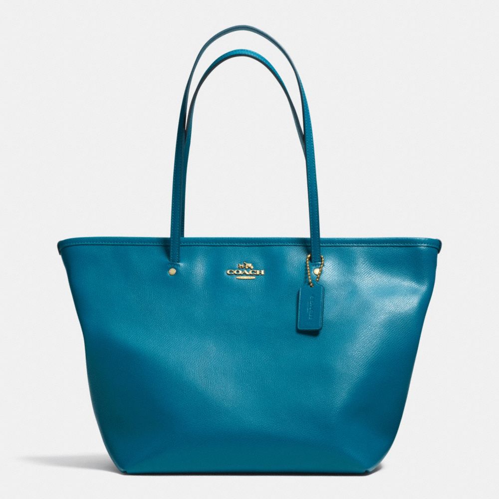 COACH F34103 STREET ZIP TOTE IN LEATHER -LIGHT-GOLD/TEAL